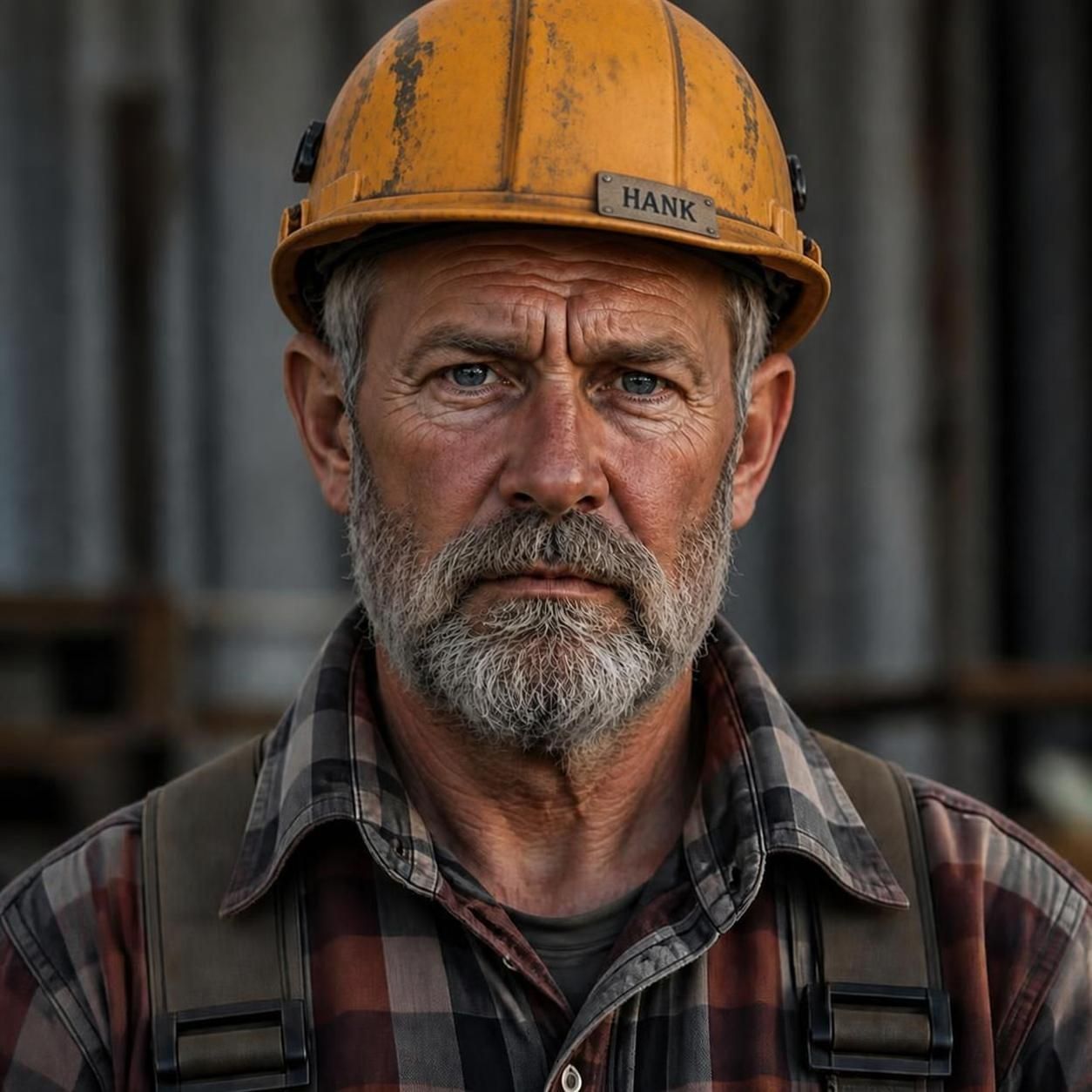 Hank, a weathered foreman in a yellow hard hat